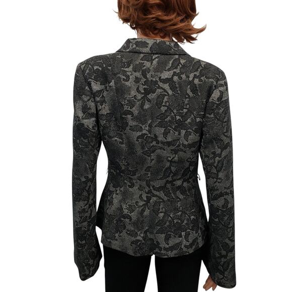 H&M Floral Fitted Blazer Jacket Flare Bell Sleeve Snap Closure Lined Black 8 - Picture 10 of 13